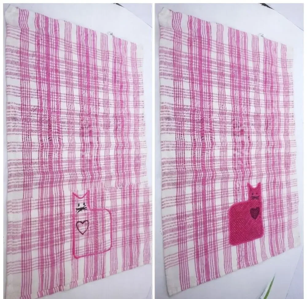 Vintage Pink Plaid Gingham Cat Reversible Tea Hand Towel Cottagecore Applique